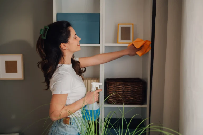devojka koristi neagresivna sredstva za čišćenje kako bi poboljšala kvalitet vazduha u prostoriji